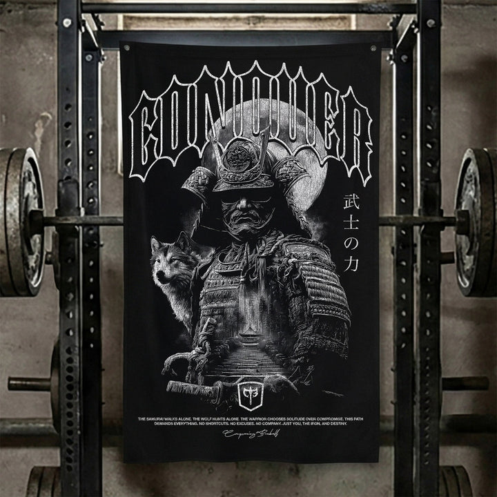Samurai - The Path Is Mine Alone - Polyester Flag, vertical black gym flag with lone samurai with a wolf beneath a full moon - Conquering Barbell