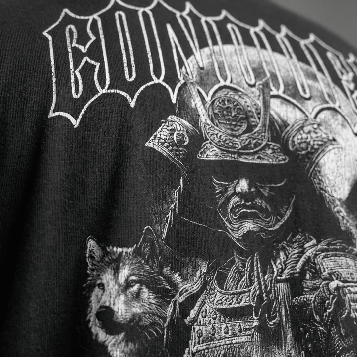 Samurai The Path Is Mine Alone relaxed fit tee in Black: a fully armored samurai warrior with a wolf companion at his side