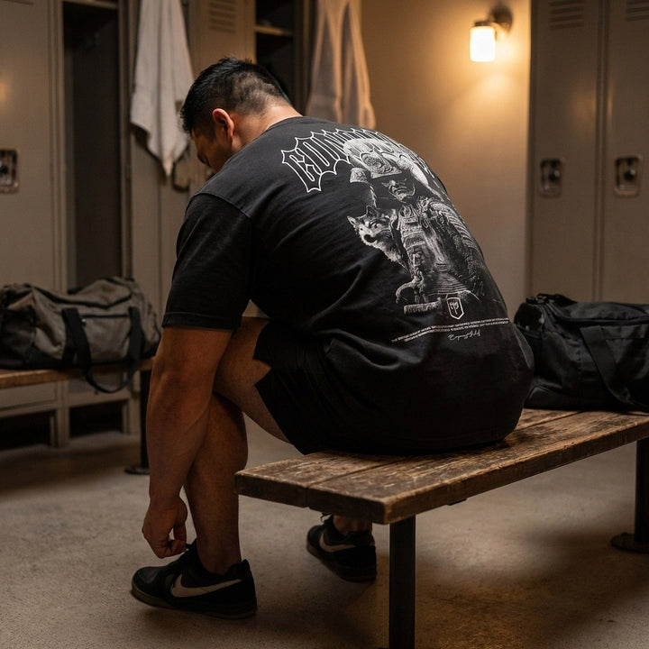 Samurai The Path Is Mine Alone relaxed fit tee in Black: a fully armored samurai warrior with a wolf companion at his side