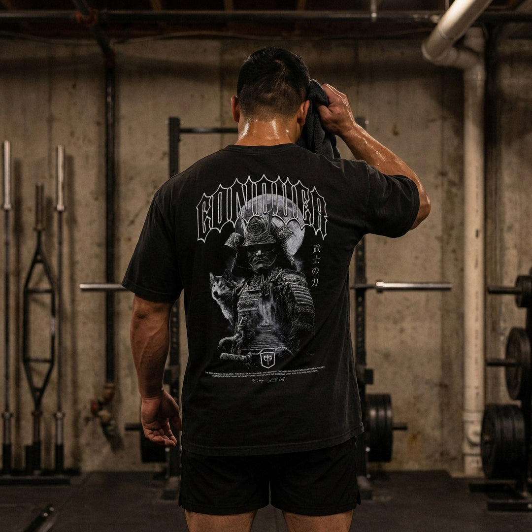 Samurai The Path Is Mine Alone relaxed fit tee in Black: a fully armored samurai warrior with a wolf companion at his side