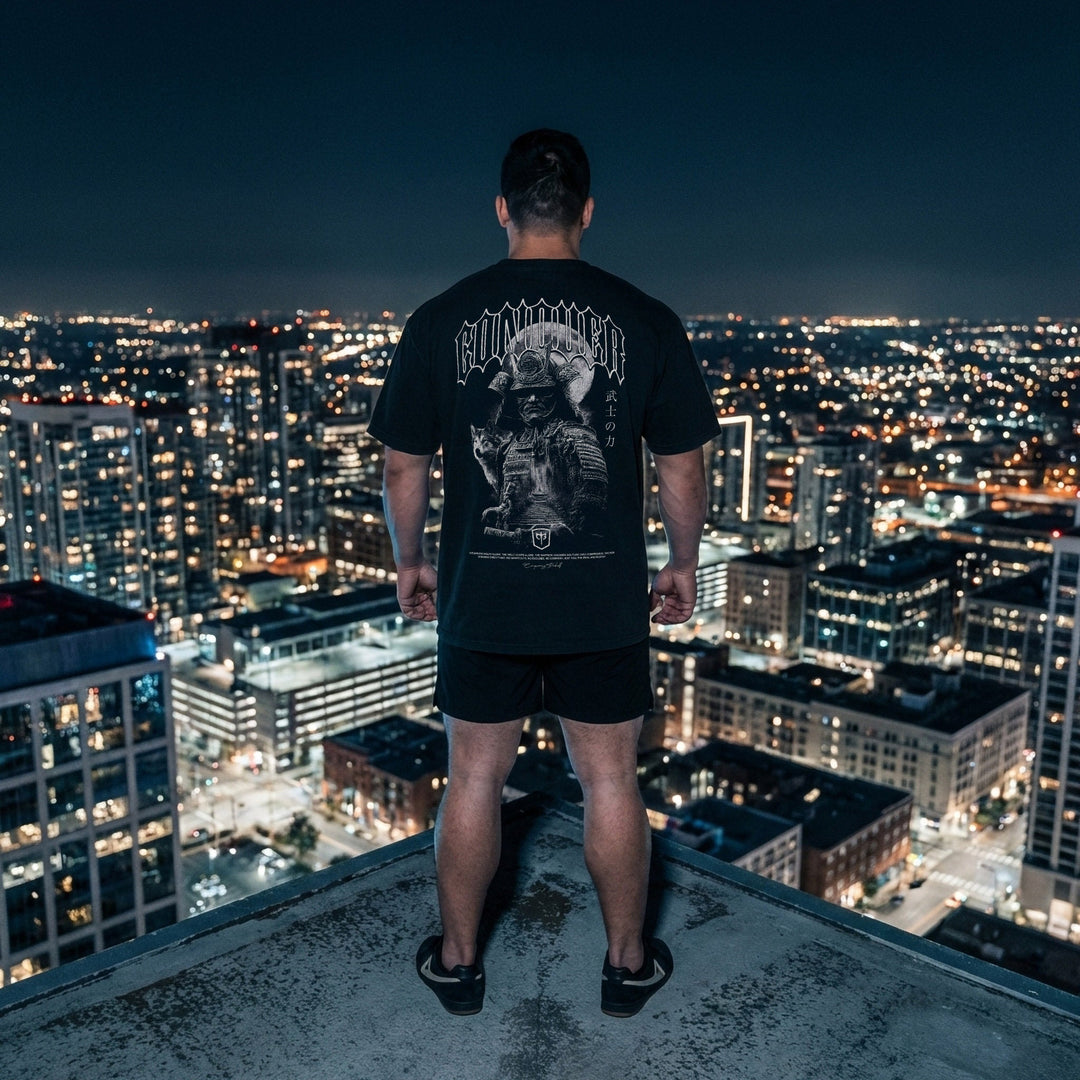 Samurai The Path Is Mine Alone relaxed fit tee in Black: a fully armored samurai warrior with a wolf companion at his side