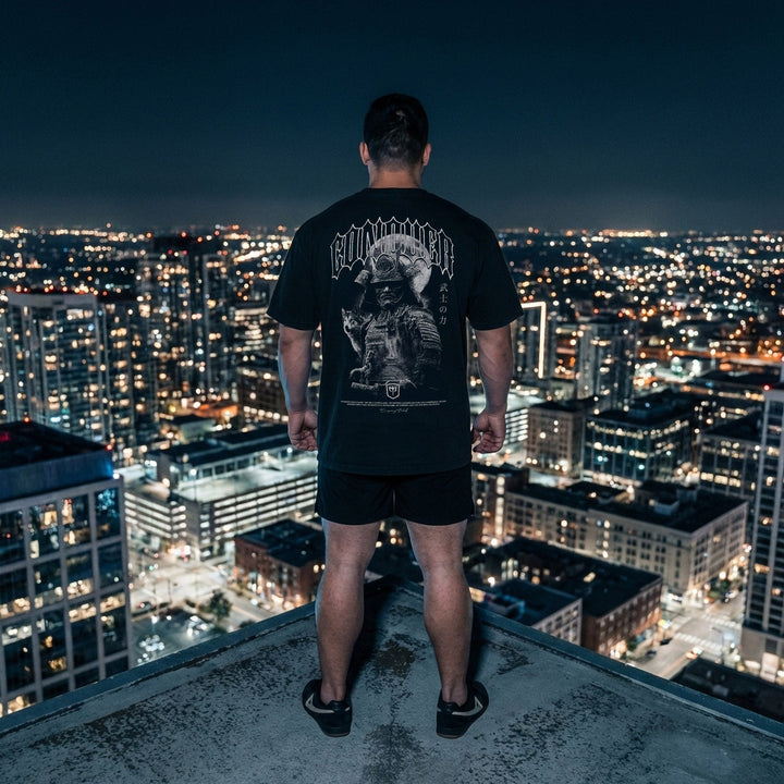 Samurai The Path Is Mine Alone relaxed fit tee in Black: a fully armored samurai warrior with a wolf companion at his side