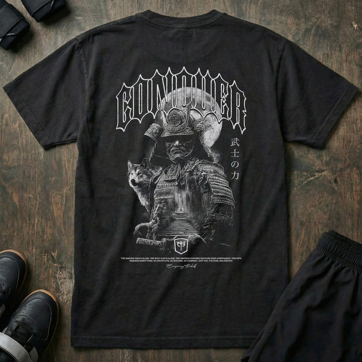 Samurai The Path Is Mine Alone relaxed fit tee in Black: a fully armored samurai warrior with a wolf companion at his side
