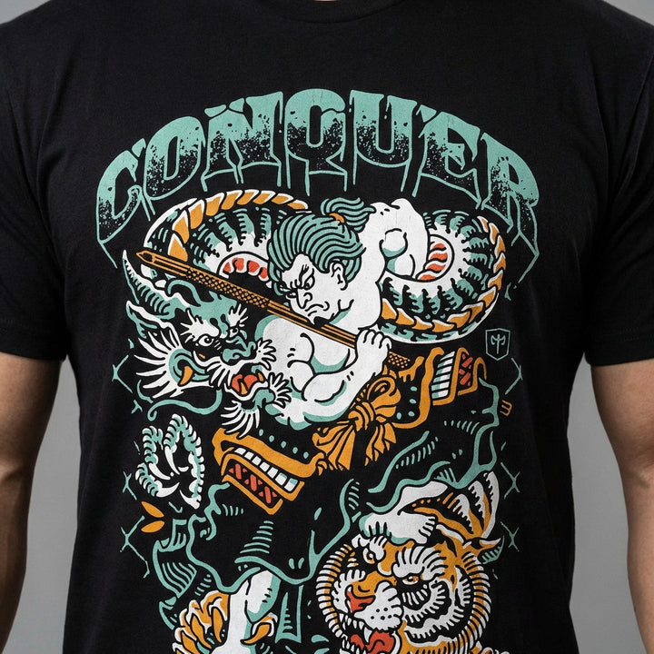 Samurai vs Dragon vs Tiger - Black Tee - Conquering Barbell