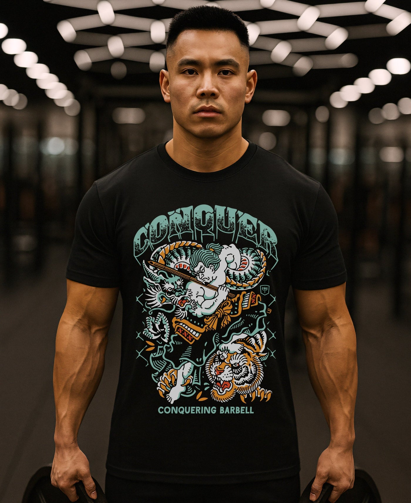 Samurai vs Dragon vs Tiger - Black Tee - Conquering Barbell