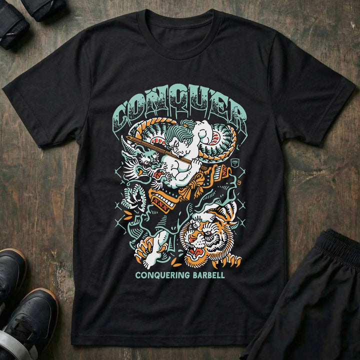 Samurai vs Dragon vs Tiger - Black Tee - Conquering Barbell