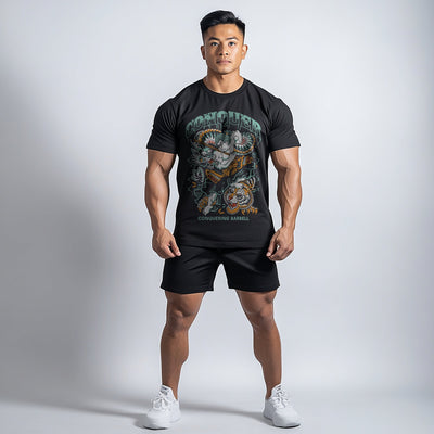 Samurai vs Dragon vs Tiger - Black Tee - Conquering Barbell