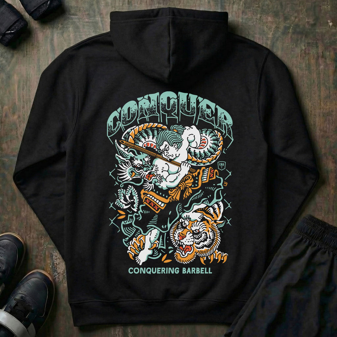 Samurai vs Dragon vs Tiger - on Black Pullover Hoodie - Conquering Barbell