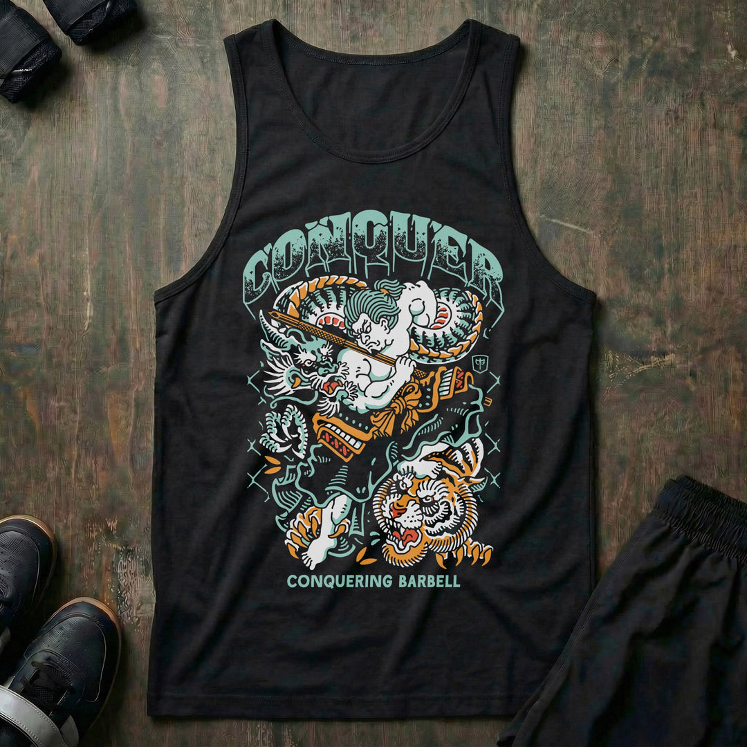 Samurai vs Dragon vs Tiger tank top in Black