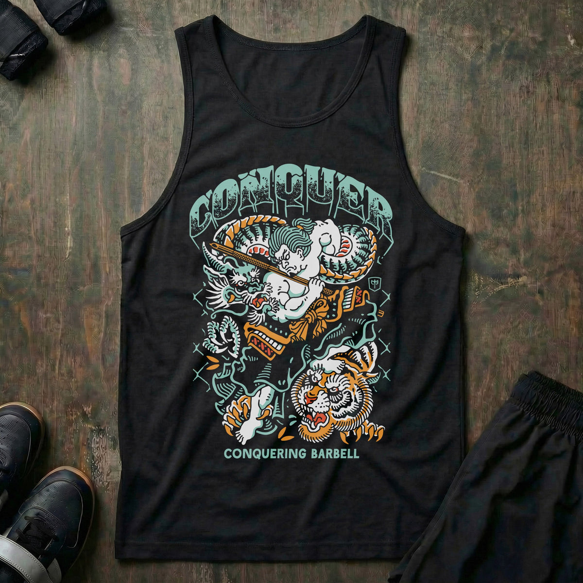 Samurai vs Dragon vs Tiger tank top in Black