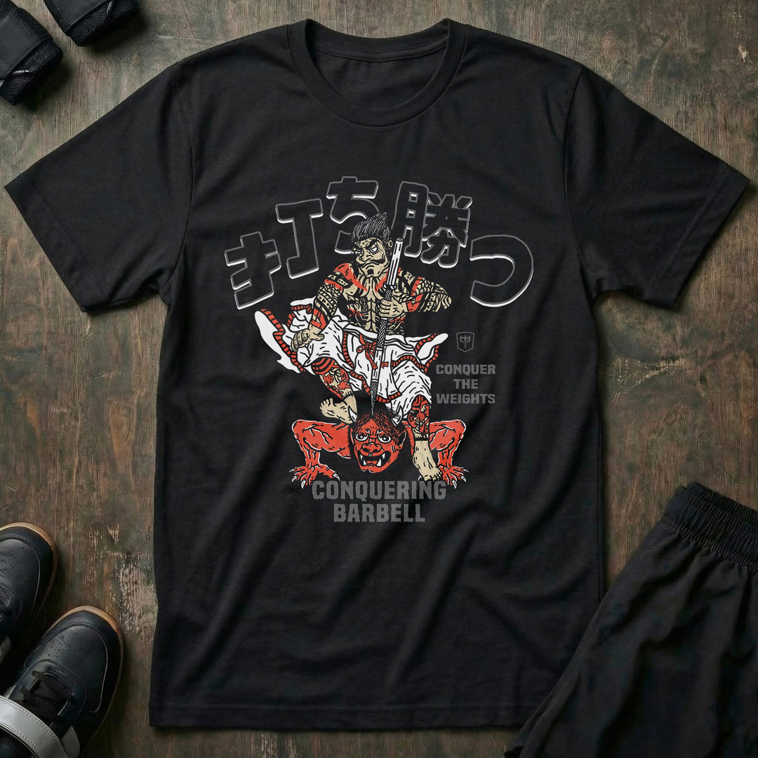 Samurai vs Oni Demon - Black Tee - Conquering Barbell