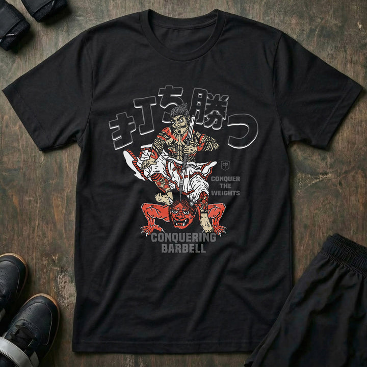 Samurai vs Oni Demon - Black Tee - Conquering Barbell