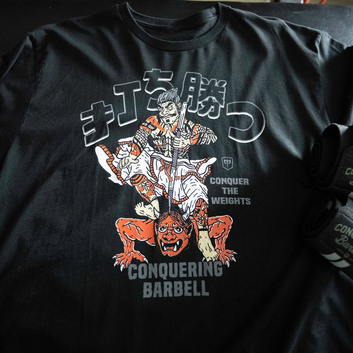 Samurai vs Oni Demon - Black Tee - Conquering Barbell