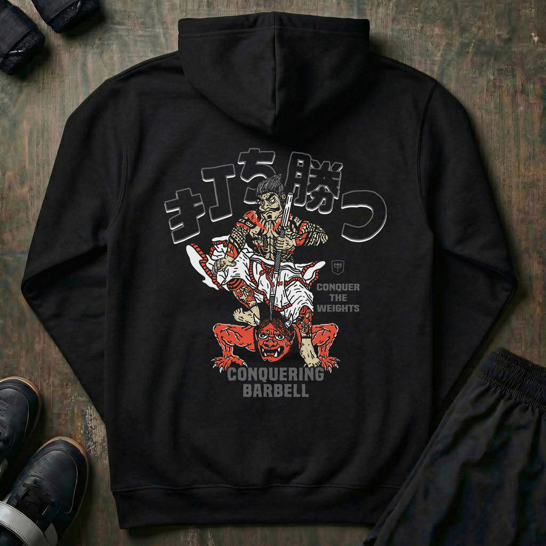 Samurai vs Oni Demon - on Black Pullover Hoodie - Conquering Barbell