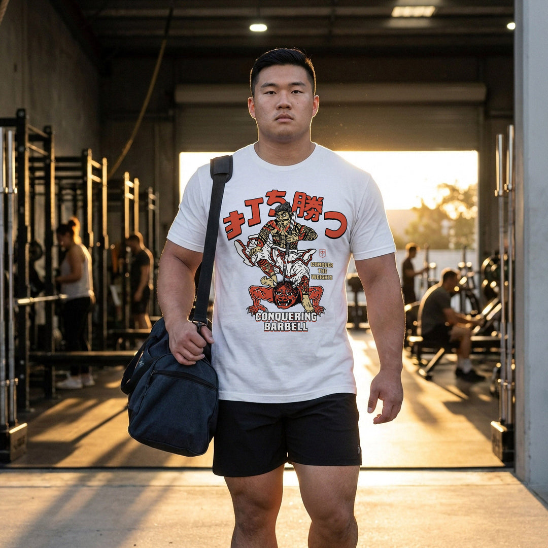 Samurai vs Oni Demon - White Tee - Conquering Barbell
