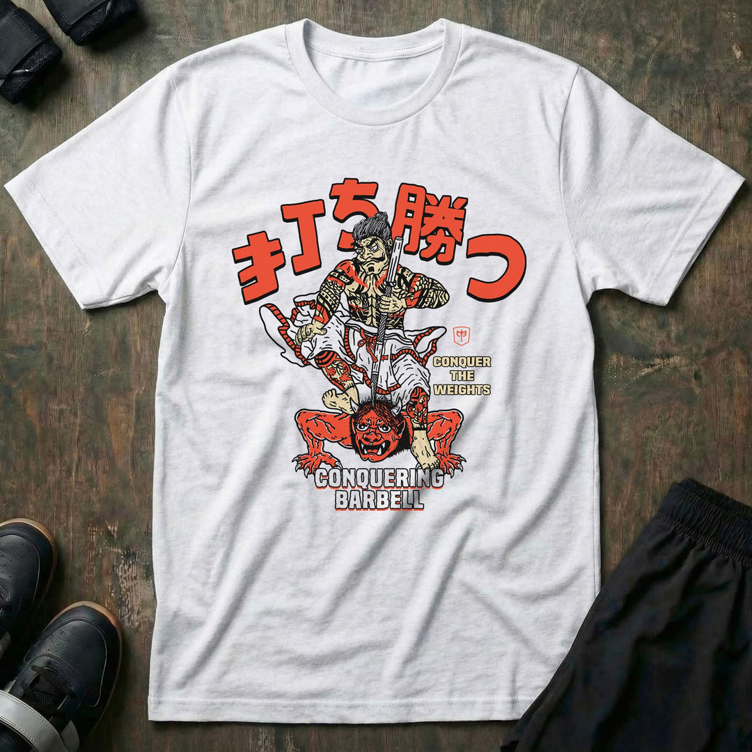 Samurai vs Oni Demon - White Tee - Conquering Barbell