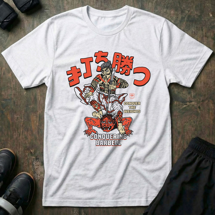 Samurai vs Oni Demon - White Tee - Conquering Barbell