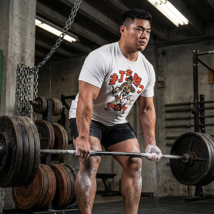 Samurai vs Oni Demon - White Tee - Conquering Barbell