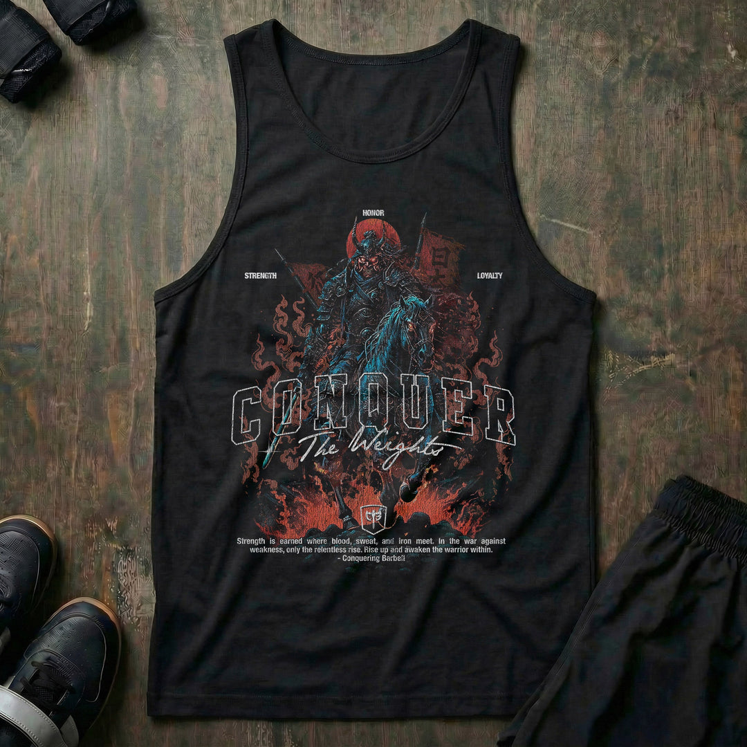Samurai Warrior - on Black tank top - Conquering Barbell