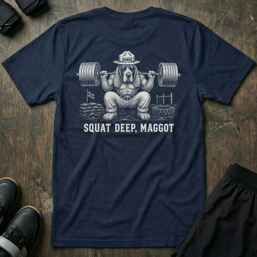 Sarge tee in Navy: a jacked basset hound in aviators and a campaign hat marked SARGE squatting a loaded barbell