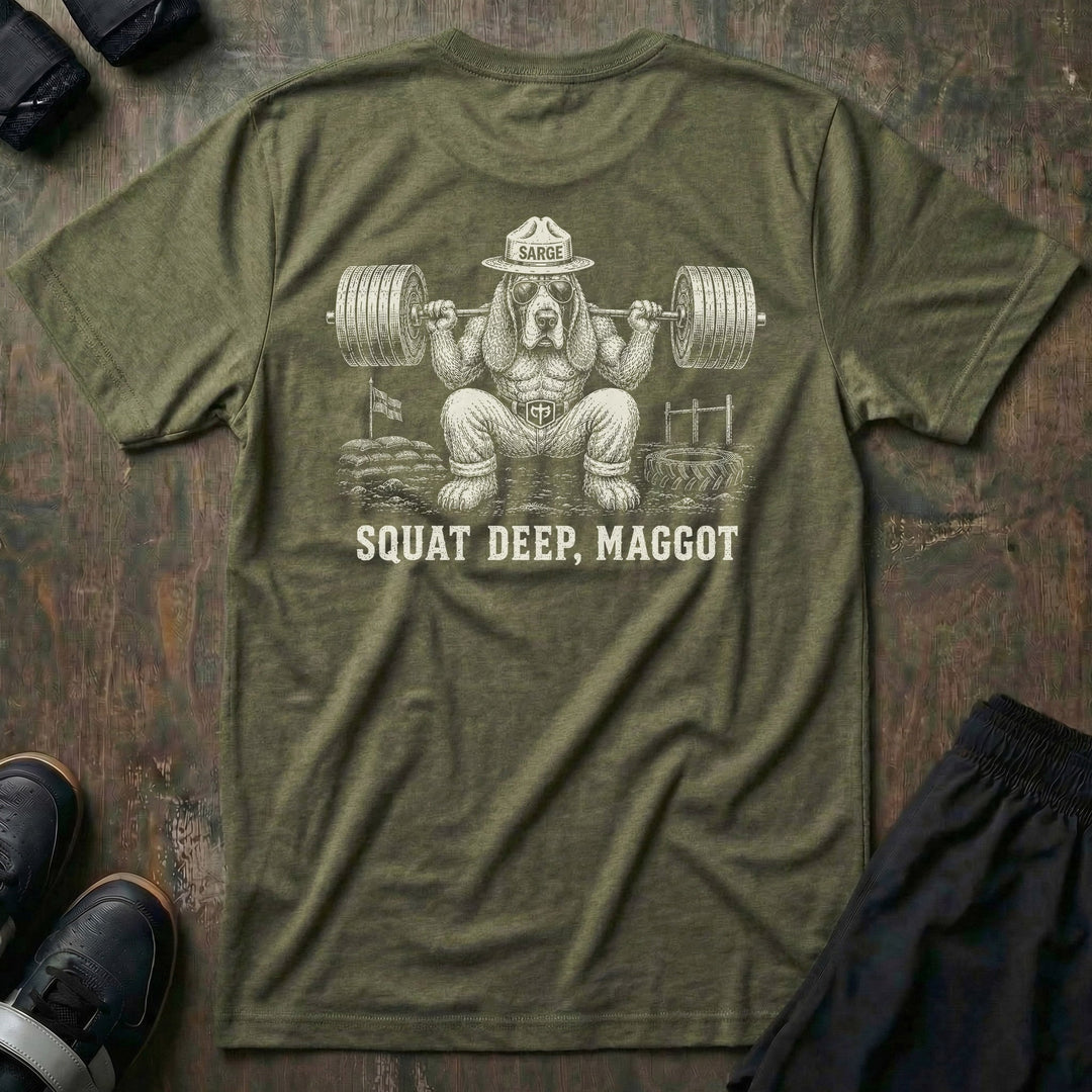 Sarge tee in Military: a jacked basset hound in aviators and a campaign hat marked SARGE squatting a loaded barbell