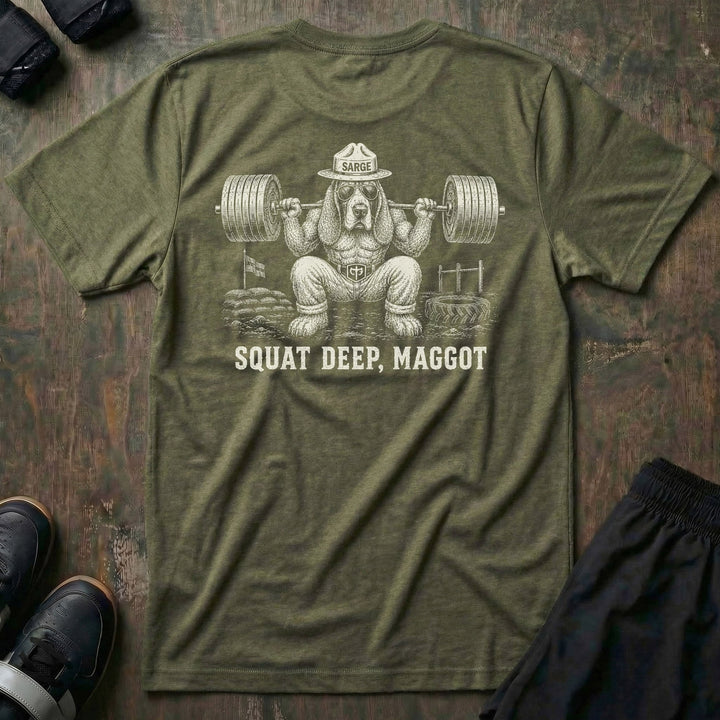 Sarge tee in Military: a jacked basset hound in aviators and a campaign hat marked SARGE squatting a loaded barbell