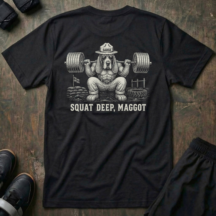 Sarge tee in Black: a jacked basset hound in aviators and a campaign hat marked SARGE squatting a loaded barbell