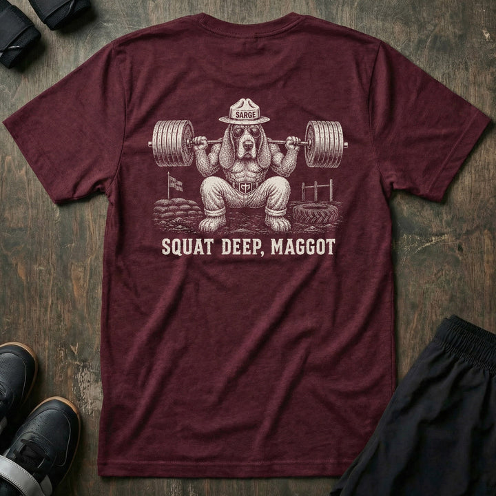 Sarge tee in Maroon: a jacked basset hound in aviators and a campaign hat marked SARGE squatting a loaded barbell