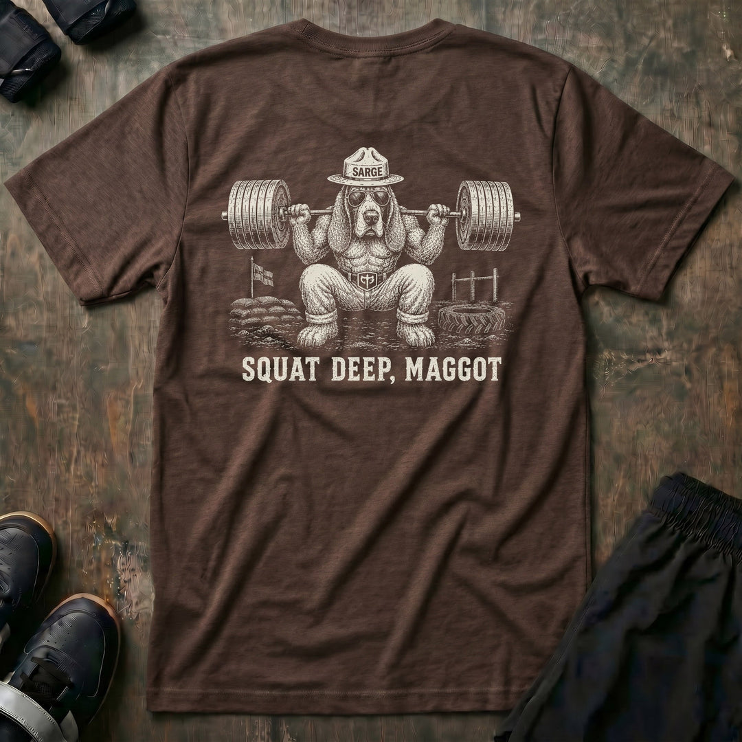 Sarge tee in Expresso: a jacked basset hound in aviators and a campaign hat marked SARGE squatting a loaded barbell