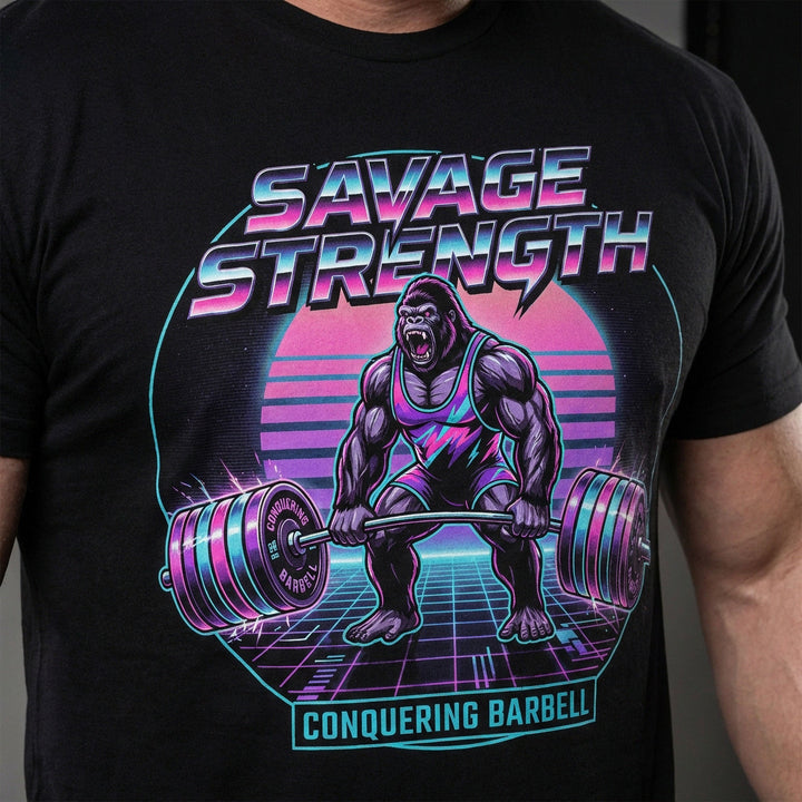 Savage Strength tee in Black: a retro 80s-style gorilla deadlifting heavy inside a neon circle over a glowing grid