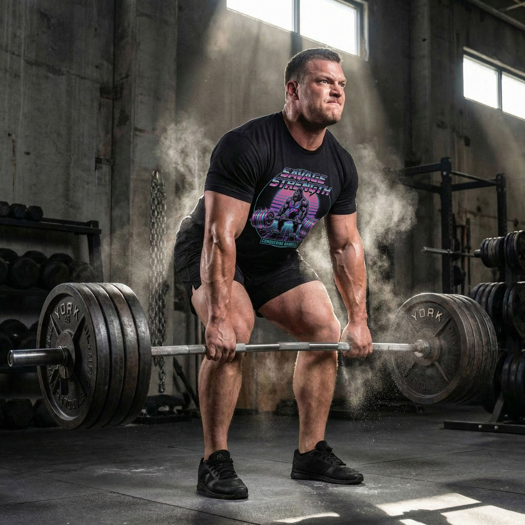Savage Strength tee in Black: a retro 80s-style gorilla deadlifting heavy inside a neon circle over a glowing grid