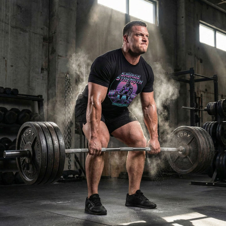 Savage Strength tee in Black: a retro 80s-style gorilla deadlifting heavy inside a neon circle over a glowing grid