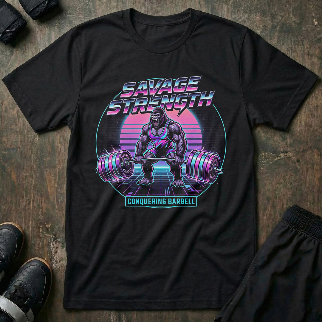 Savage Strength tee in Black: a retro 80s-style gorilla deadlifting heavy inside a neon circle over a glowing grid