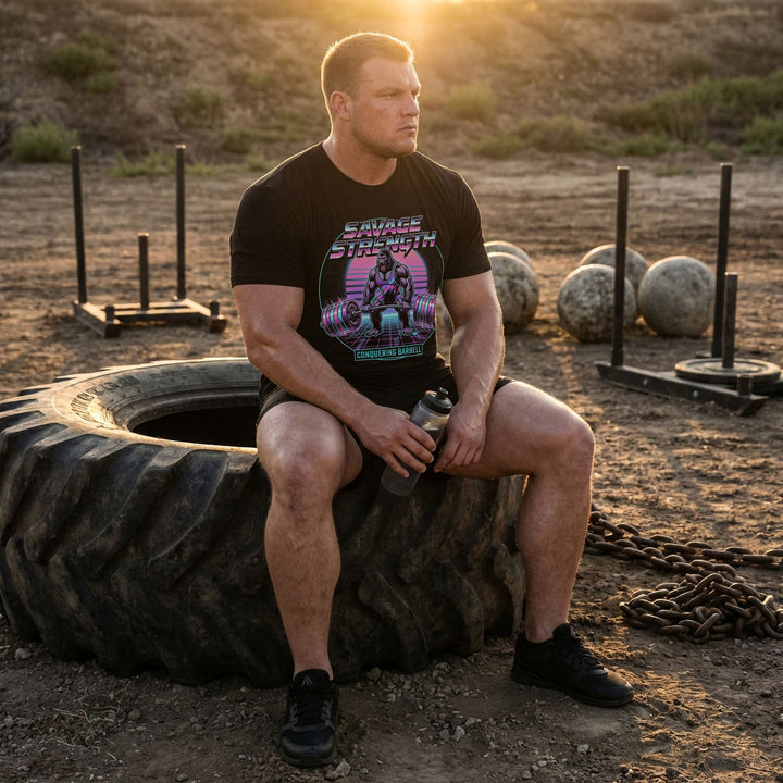 Savage Strength tee in Black: a retro 80s-style gorilla deadlifting heavy inside a neon circle over a glowing grid