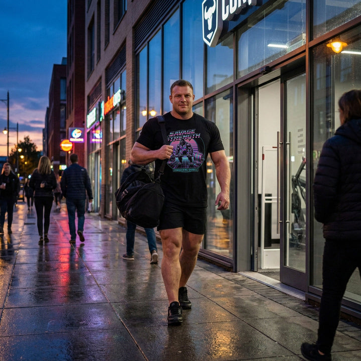 Savage Strength tee in Black: a retro 80s-style gorilla deadlifting heavy inside a neon circle over a glowing grid