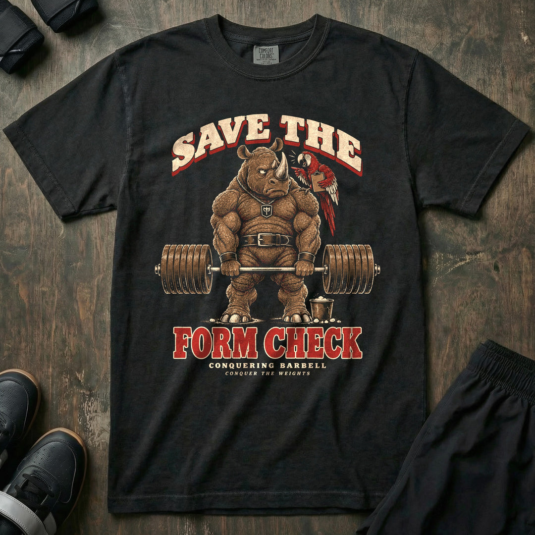 Save the Form Check - Relaxed Fit Tee front graphic in Black with a rhino at deadlift lockout side-eyeing a parrot holding a clipboard - Conquering Barbell