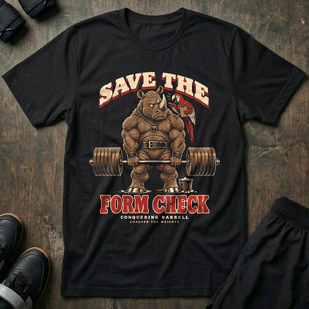 Save the Form Check - Tee front graphic in Black with a rhino at deadlift lockout side-eyeing a parrot holding a clipboard - Conquering Barbell