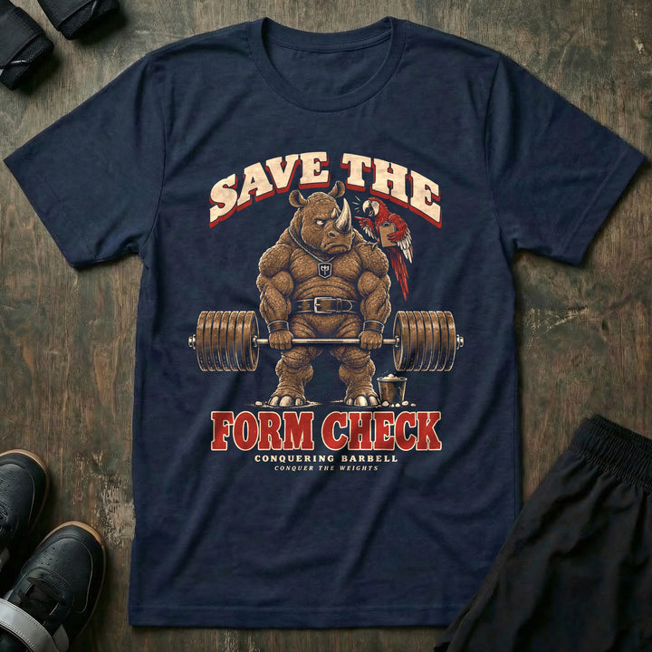 Save the Form Check - Tee front graphic in Navy with a rhino at deadlift lockout side-eyeing a parrot holding a clipboard - Conquering Barbell
