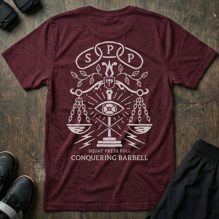 Scales - on Maroon Tee - Conquering Barbell