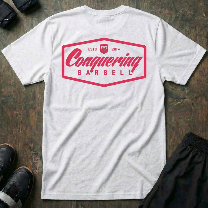Script Logo Summer Vibes Edition tee in White: the classic Conquering Barbell script logo inside a bold badge frame