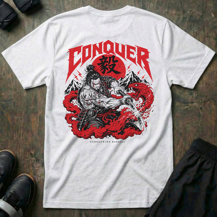 Sever tee in White: a battle-hardened samurai at the moment of commitment