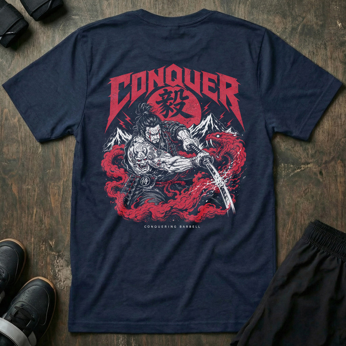 Sever tee in Navy: a battle-hardened samurai at the moment of commitment