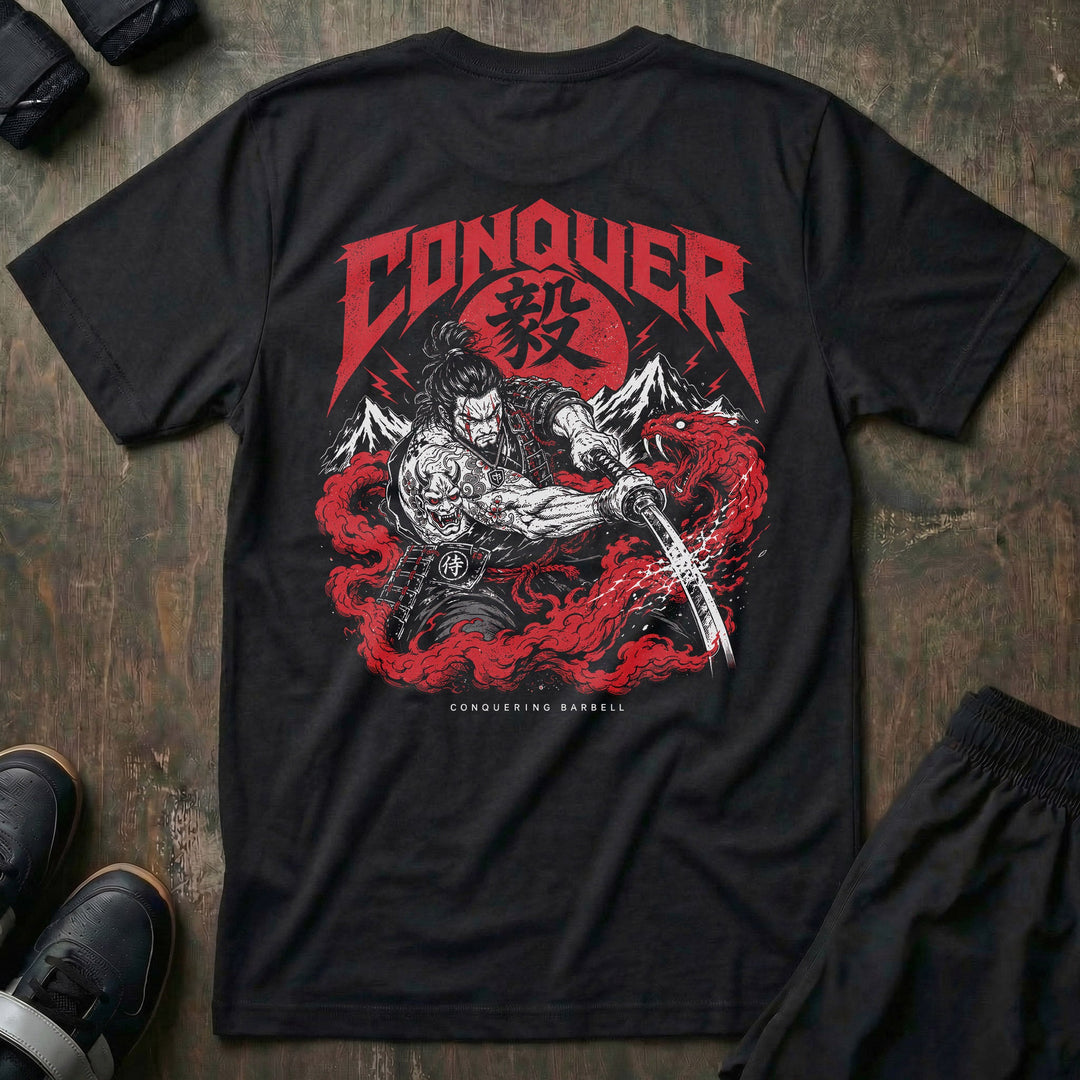 Sever tee in Black: a battle-hardened samurai at the moment of commitment