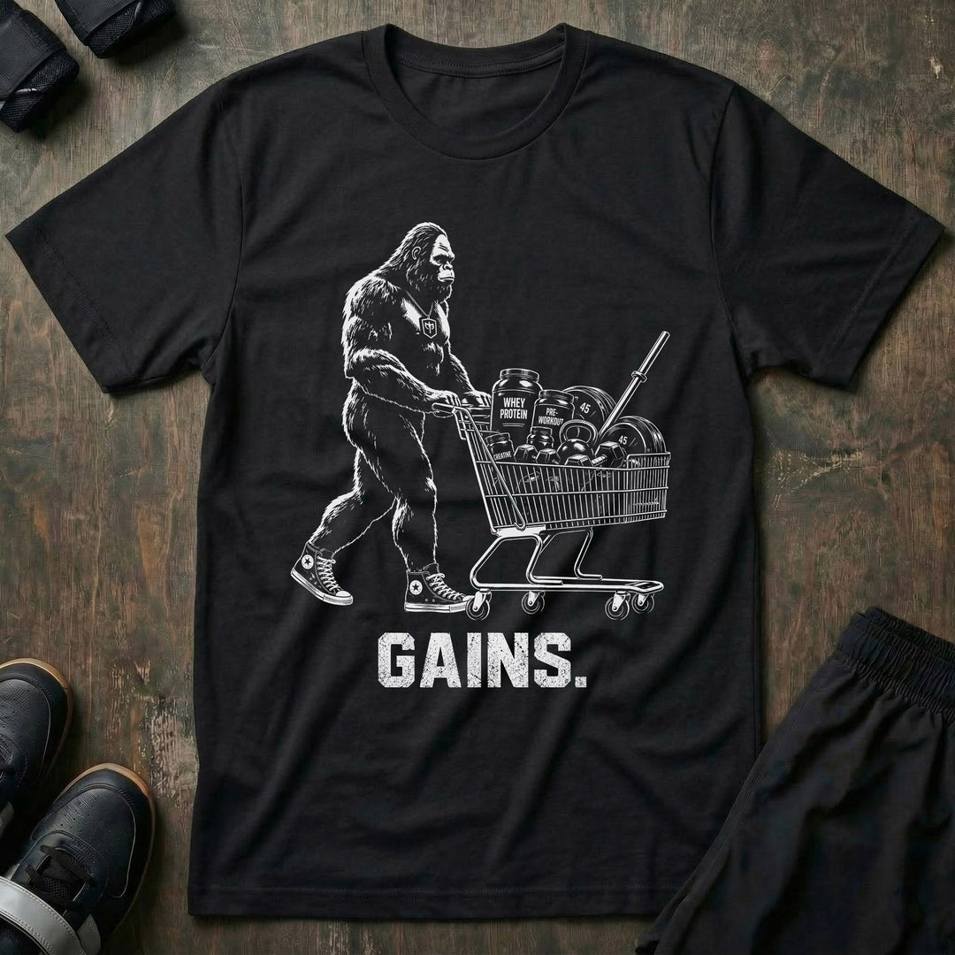 Shopping for Gains tee in Black: Bigfoot in high tops pushing a shopping cart loaded with protein
