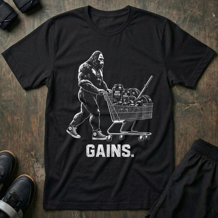 Shopping for Gains tee in Black: Bigfoot in high tops pushing a shopping cart loaded with protein