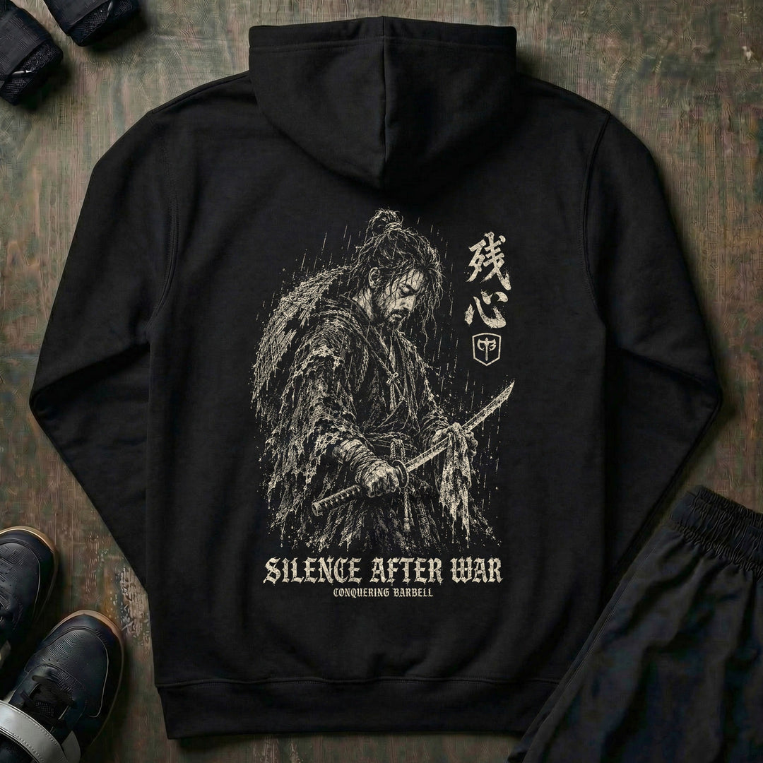Silence After War pullover hoodie in Black: a rain-soaked samurai