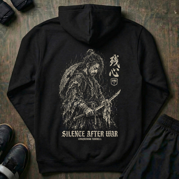 Silence After War pullover hoodie in Black: a rain-soaked samurai
