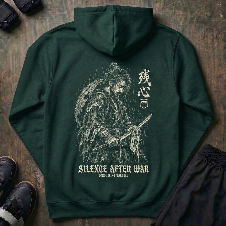 Silence After War pullover hoodie in Alpine Green, back print