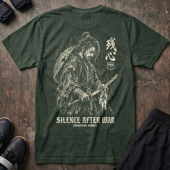 Silence After War relaxed fit tee in Moss: a rain-soaked samurai