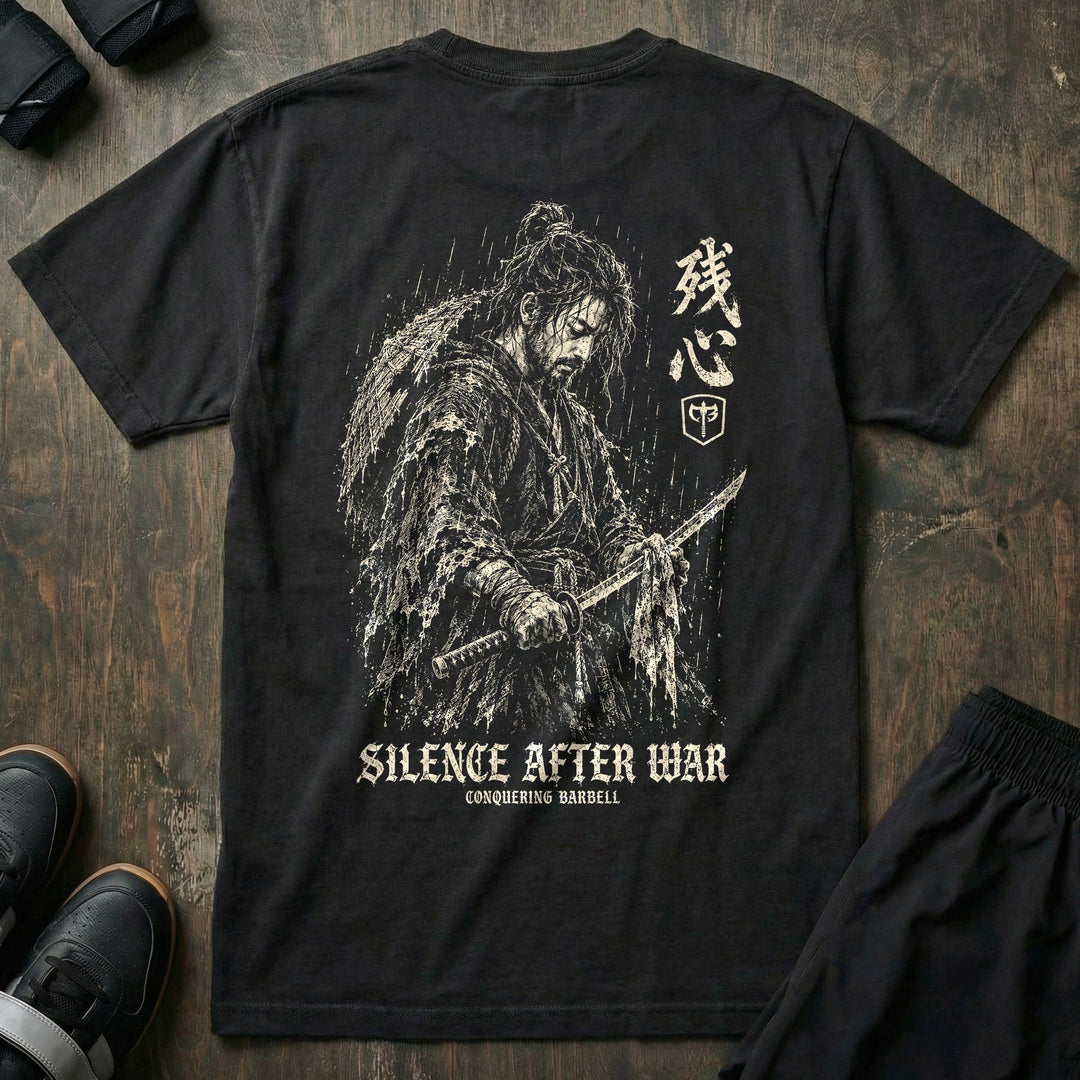 Silence After War relaxed fit tee in Black: a rain-soaked samurai